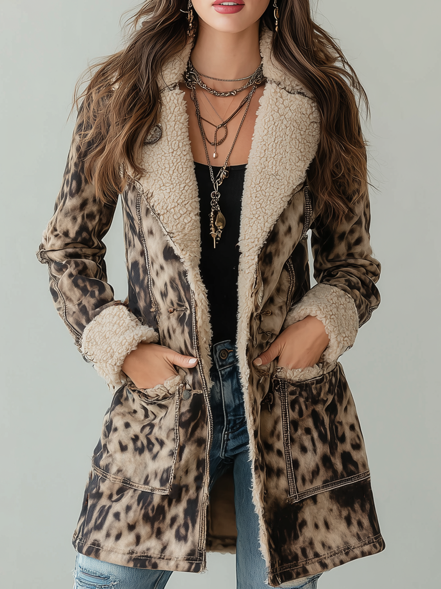 Vintage Shearling Leopard Print Eco-friendly Suede Jacket