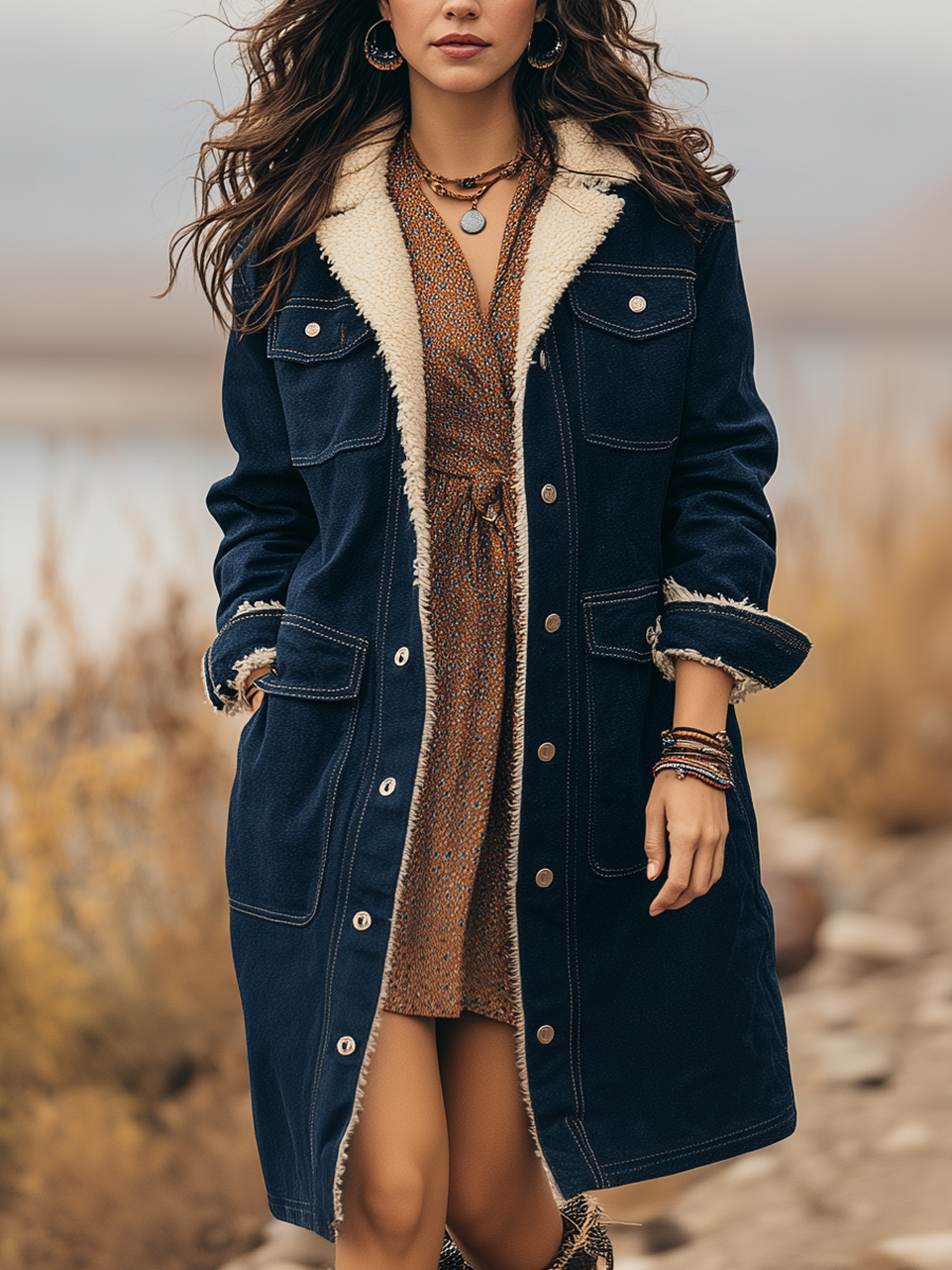 Vintage Long Faux Sherpa Lined Denim Coat