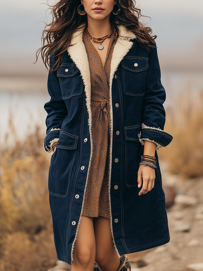 Vintage Long Faux Sherpa Lined Denim Coat