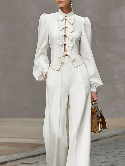 Elegant Retro Style White Bow-decorated Wide-leg Pants Suit