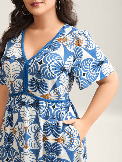 Shell Print Lace Detail Flowy Maxi Dress