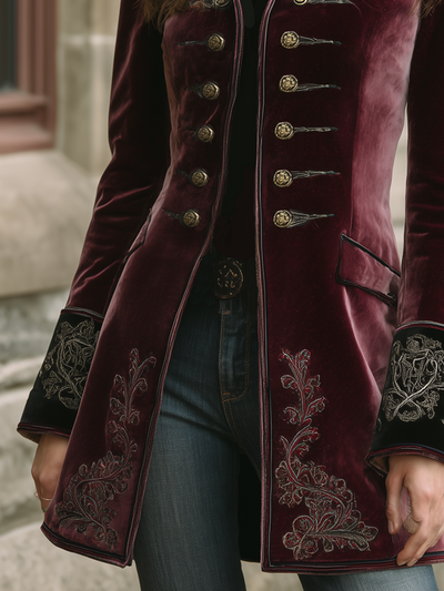 Vintage Contrast Trim Embroidered Velvet Coat