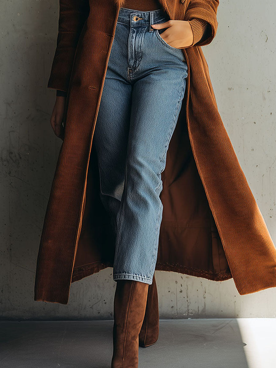 Elegant Double-Breasted Long Corduroy Coat With Detachable Eco Fur Collar