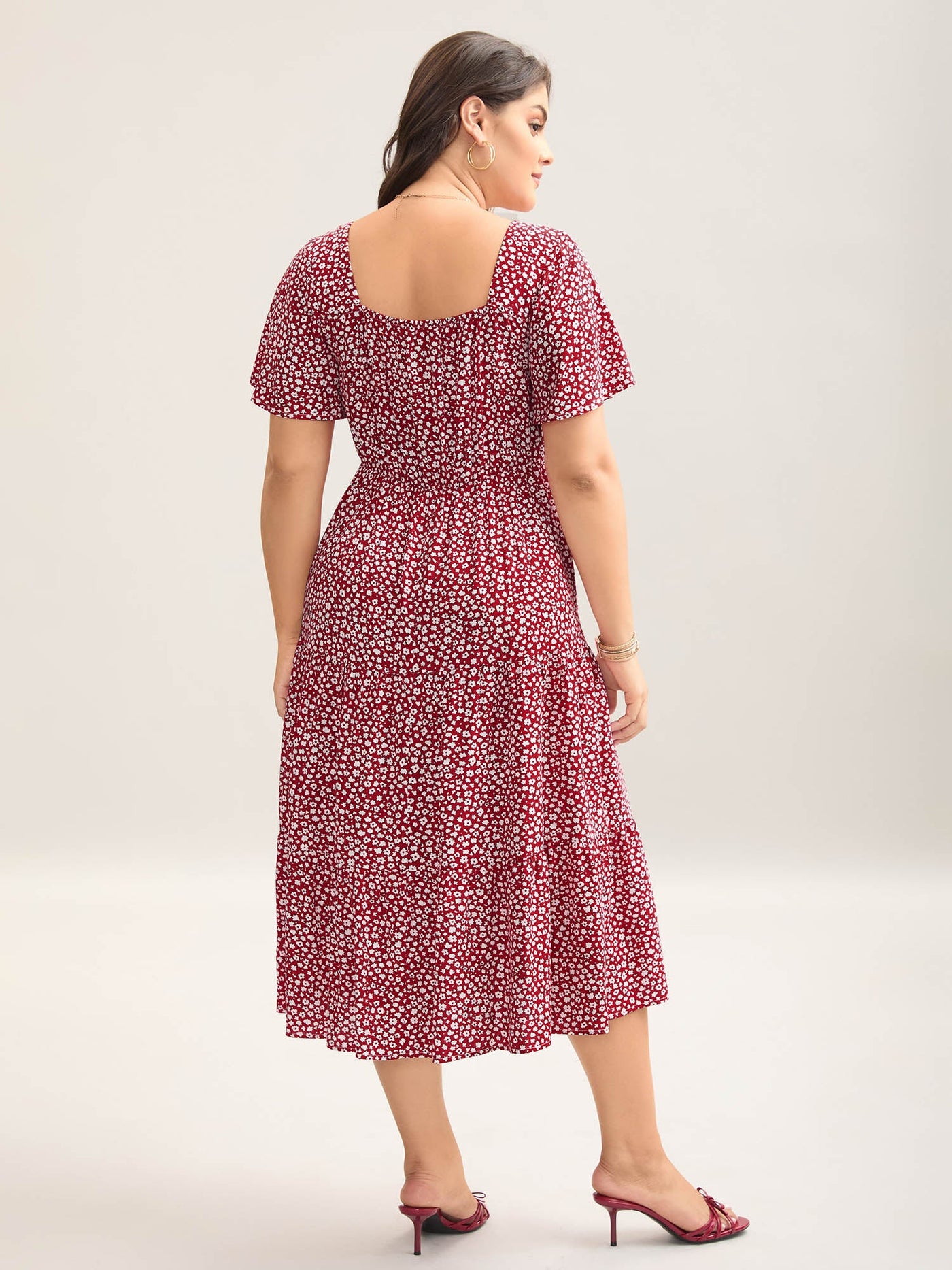 Ditsy Floral Sweetheart Drawstring Pocket Tiered Dress