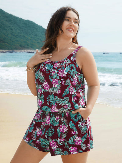 Tropical Flower Print Pockets One-Piece Swimsuit