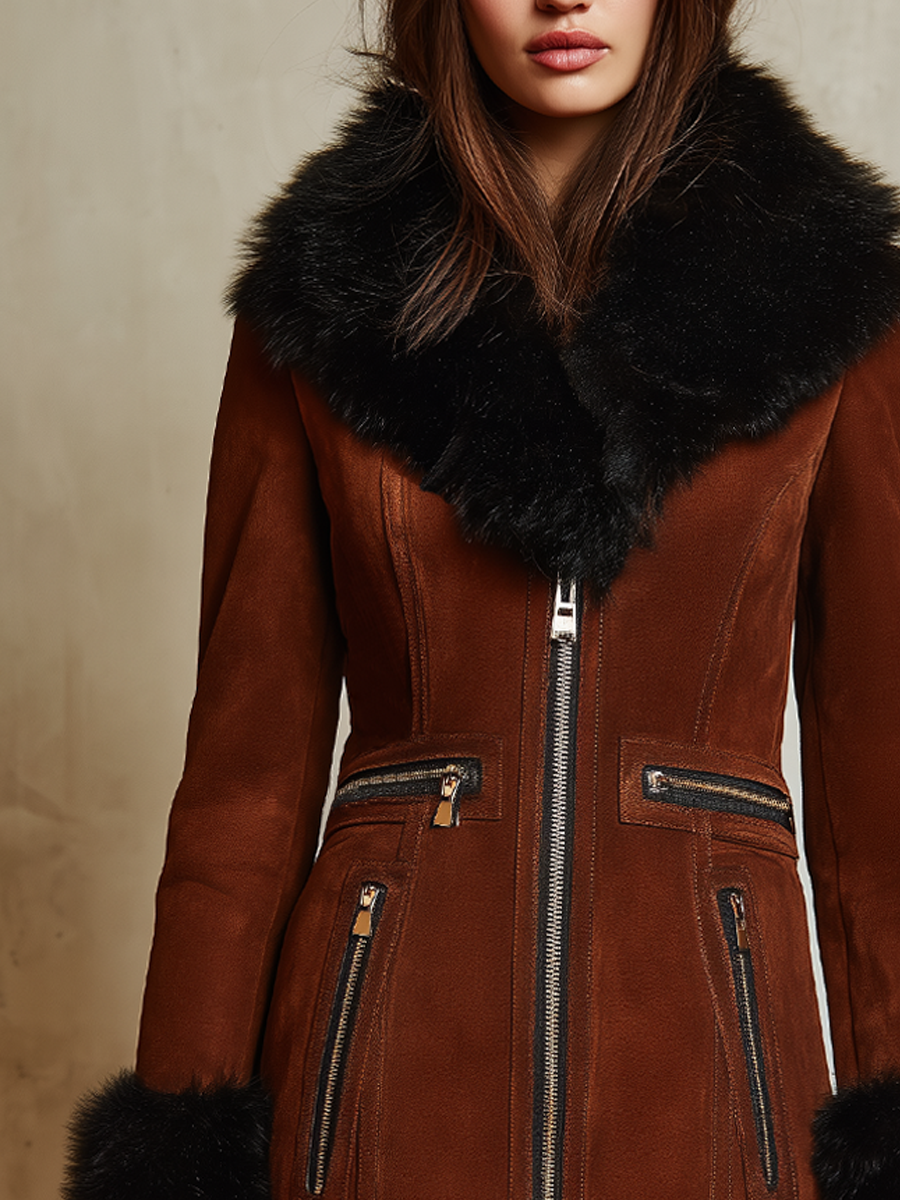 Retro Multi-zipper Fur Collar Eco-friendly Suede Coat