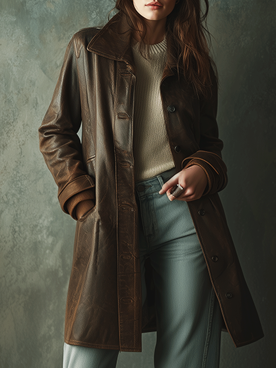 Classic Brown Leather Trench Coat