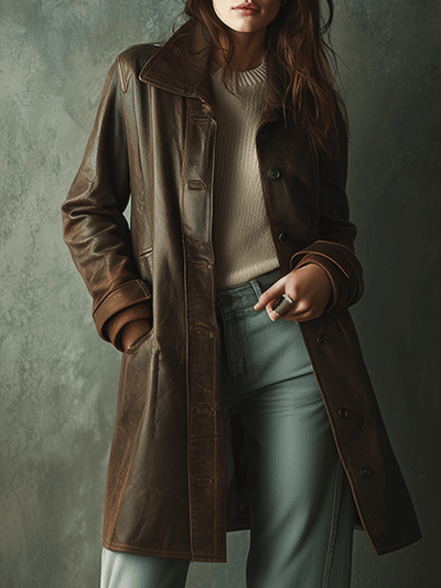 Classic Brown Leather Trench Coat