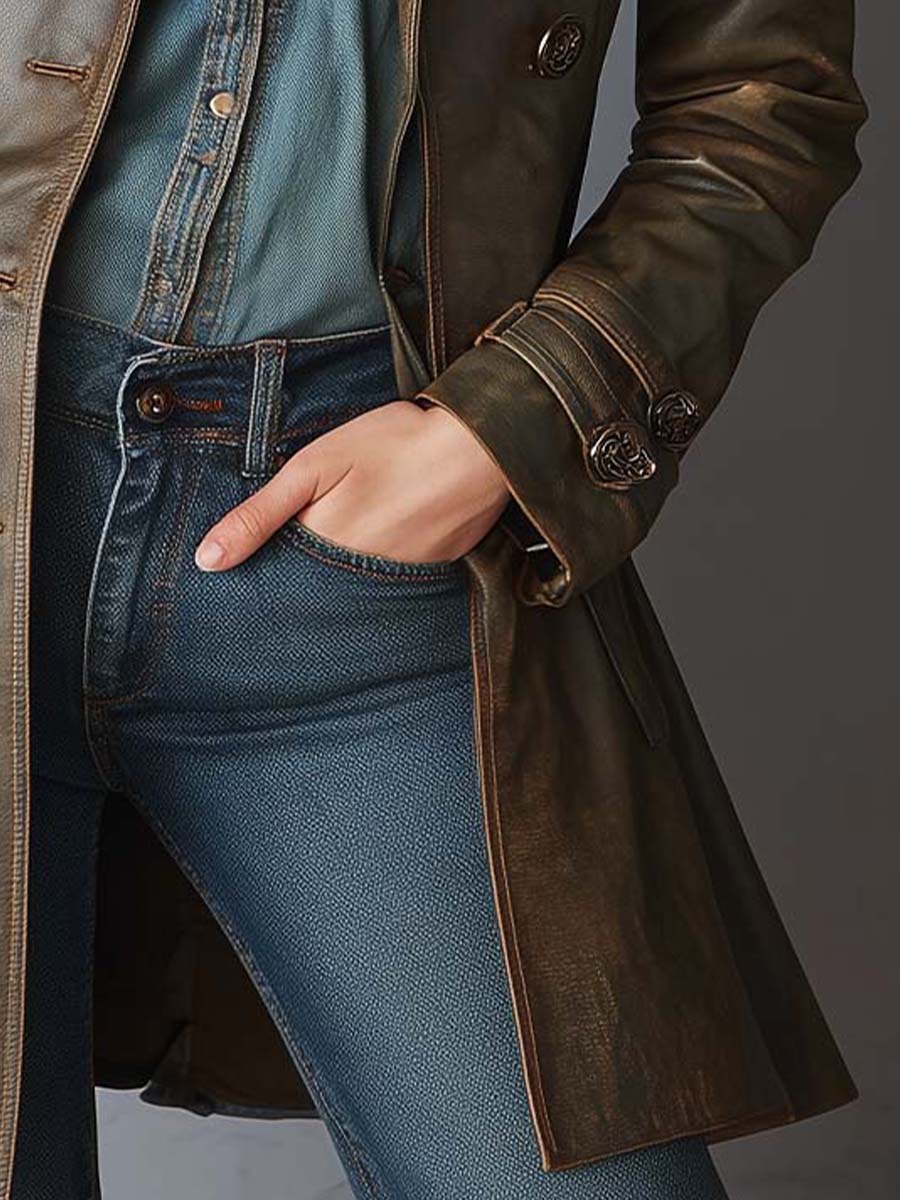 Vintage Olive PU Leather Trench Coat