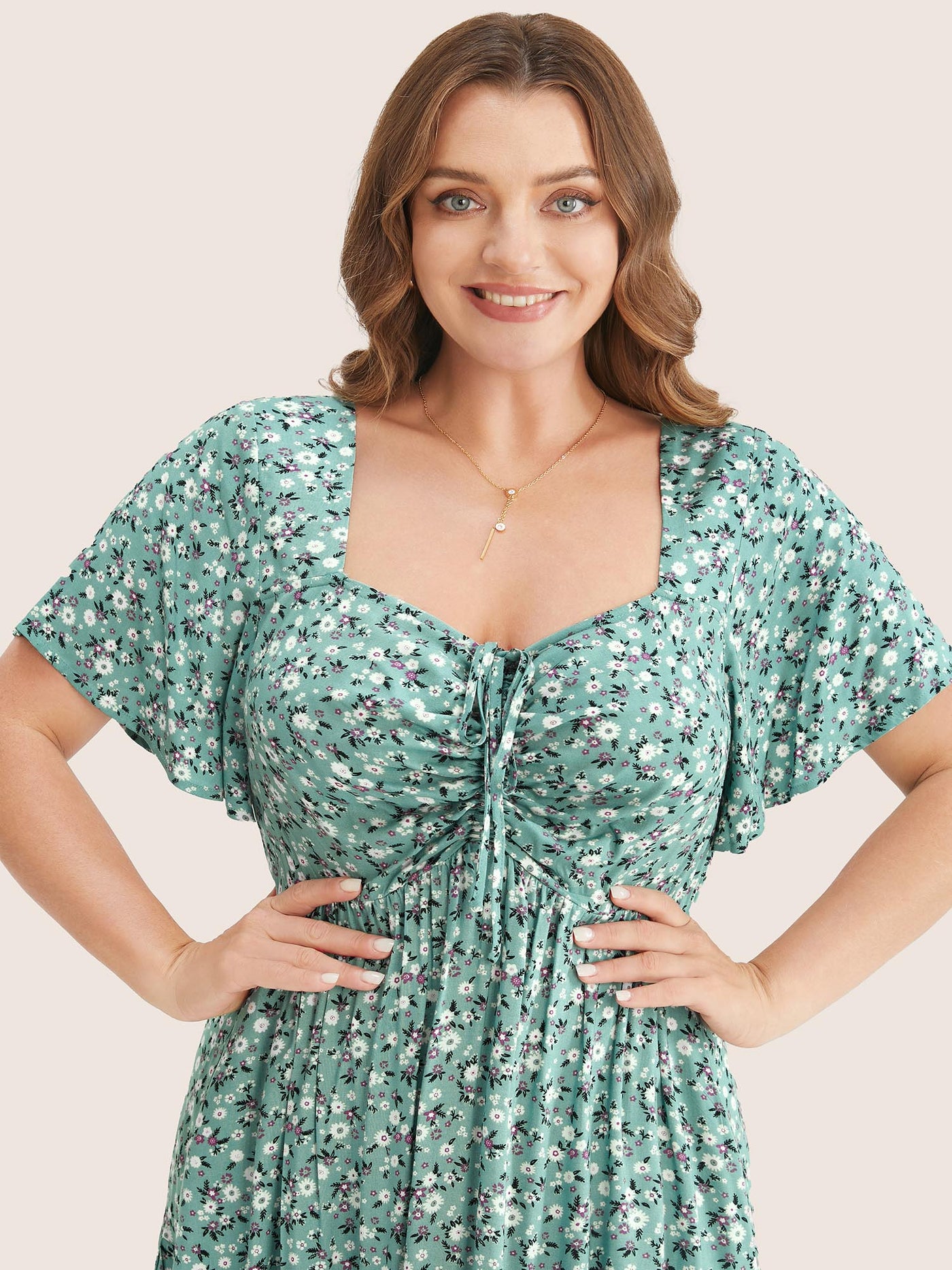 Ditsy Floral Sweetheart Drawstring Pocket Tiered Dress