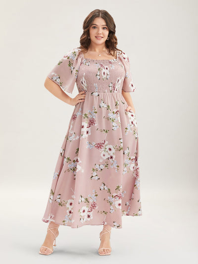 Floral Square Neck Ruffles Pocket Shirred Split Dress