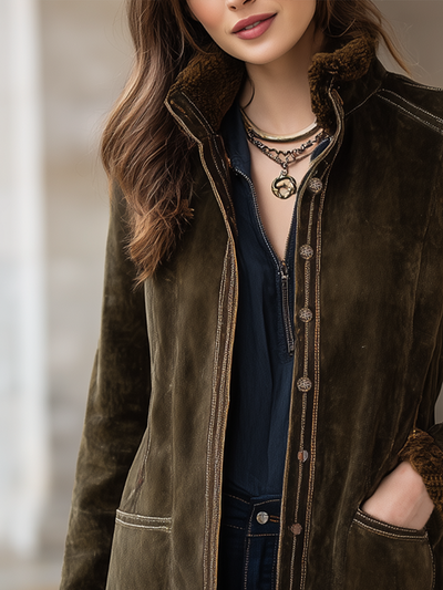 Vintage Shearling Collar Eco-friendly Suede Jacket