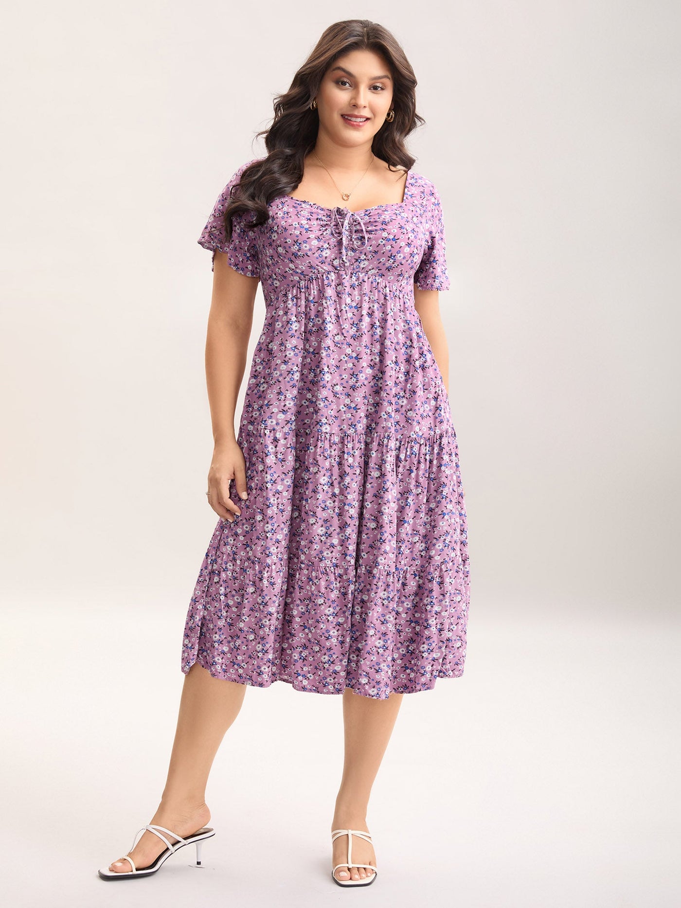 Ditsy Floral Sweetheart Drawstring Pocket Tiered Dress