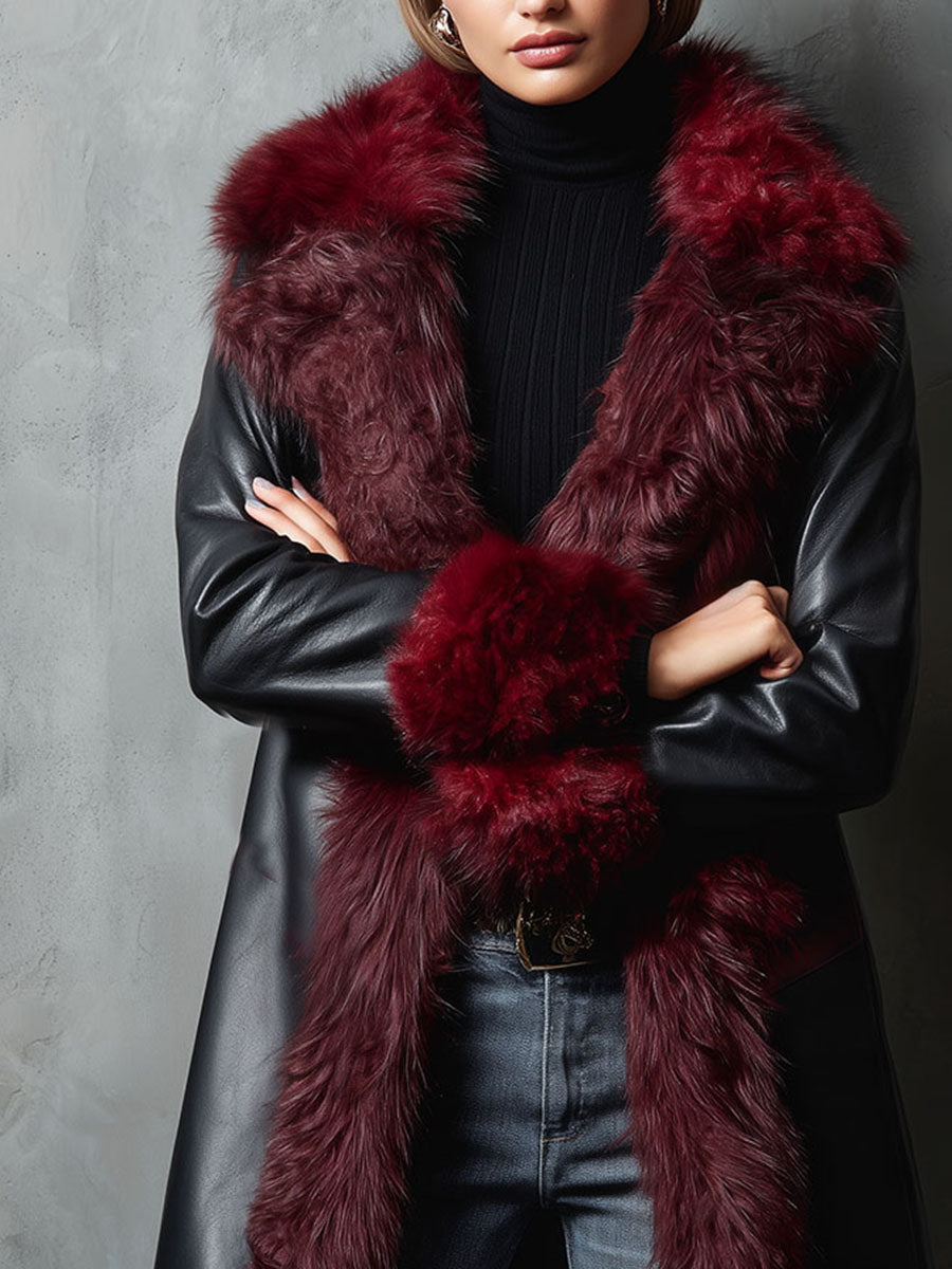 Black And Burgundy Eco Leather Long Coat With Plush Eco Fur Trim & Lining