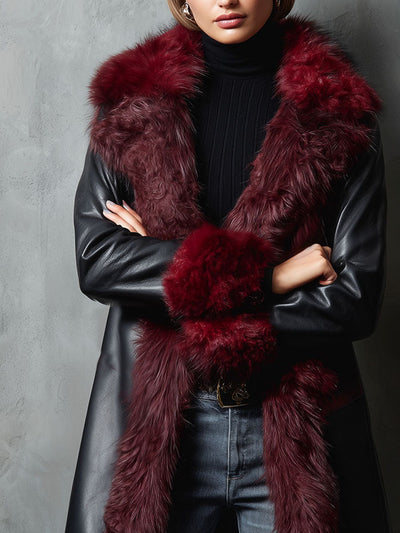Black And Burgundy Eco Leather Long Coat With Plush Eco Fur Trim & Lining