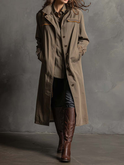 Vintage Utility Trench Coat With Contrast Trim