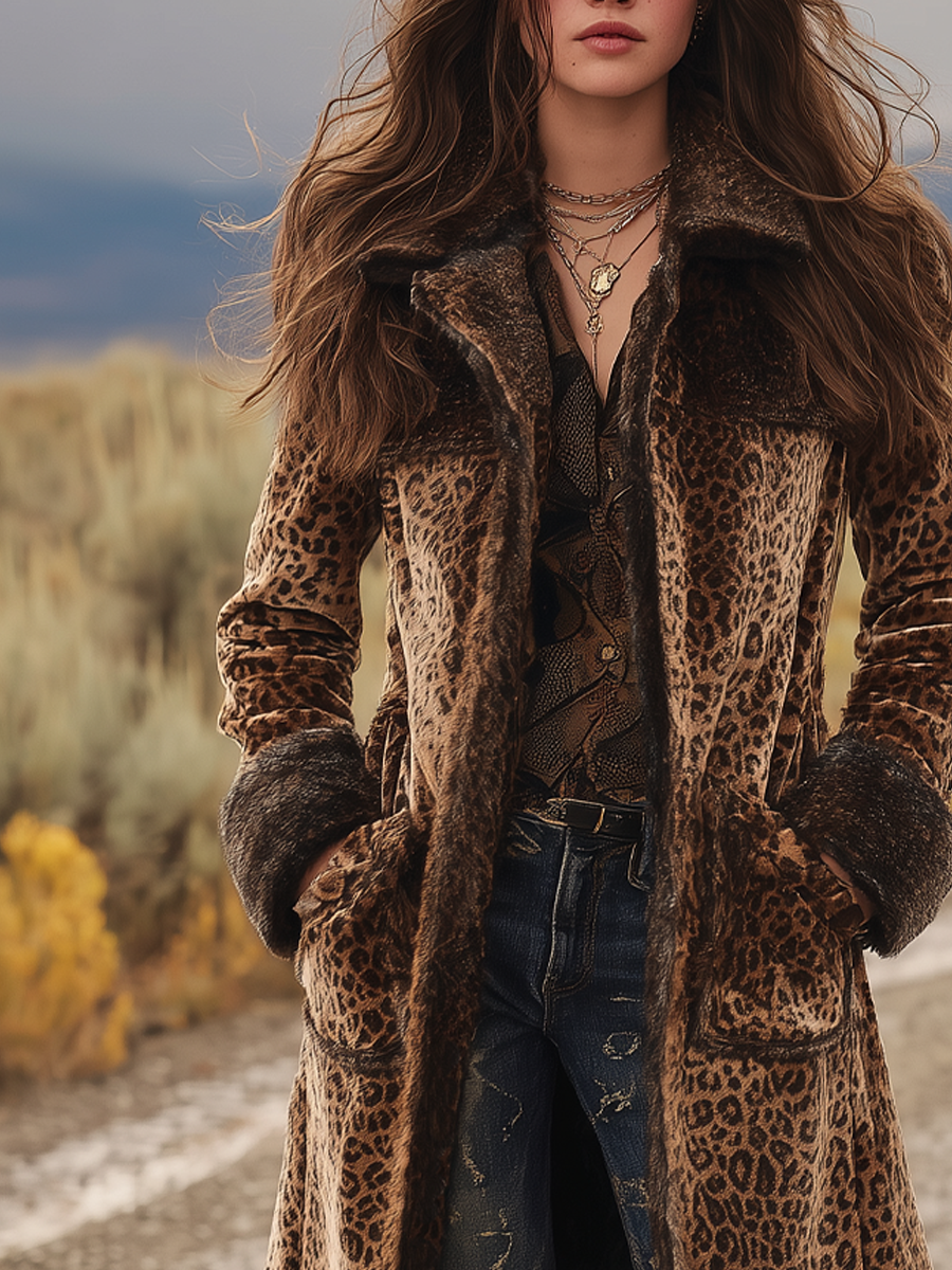 Vintage Fur Collar Leopard Print Velvet Coat