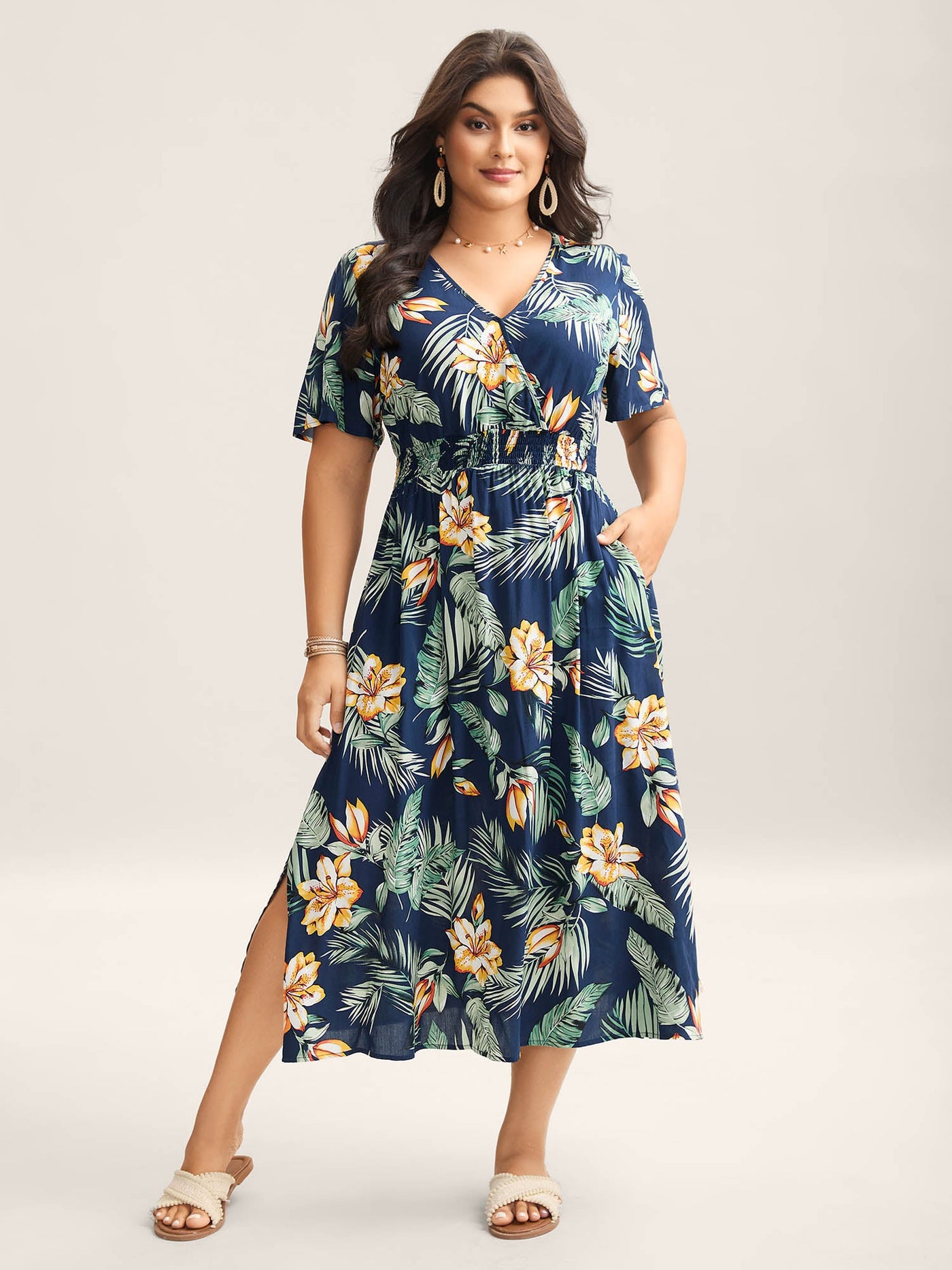Tropical Floral Print Shirred Waist Midi Dress
