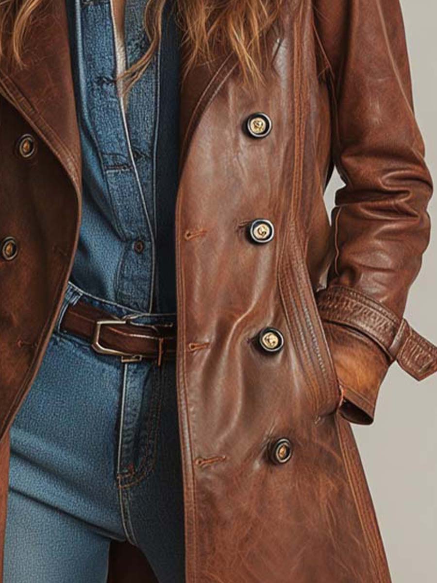 Vintage Brown PU Leather Double-Breasted Trench Coat