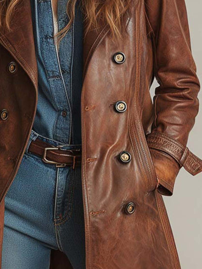Vintage Brown PU Leather Double-Breasted Trench Coat