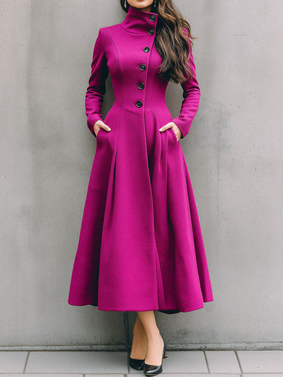 Elegant High Neck Vibrant Pink Wool Blend Flared Midi Coat