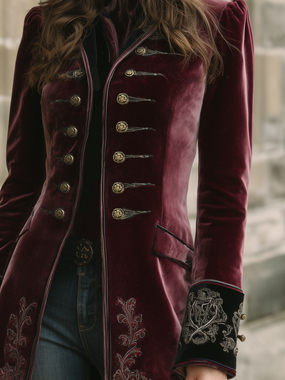 Vintage Contrast Trim Embroidered Velvet Coat