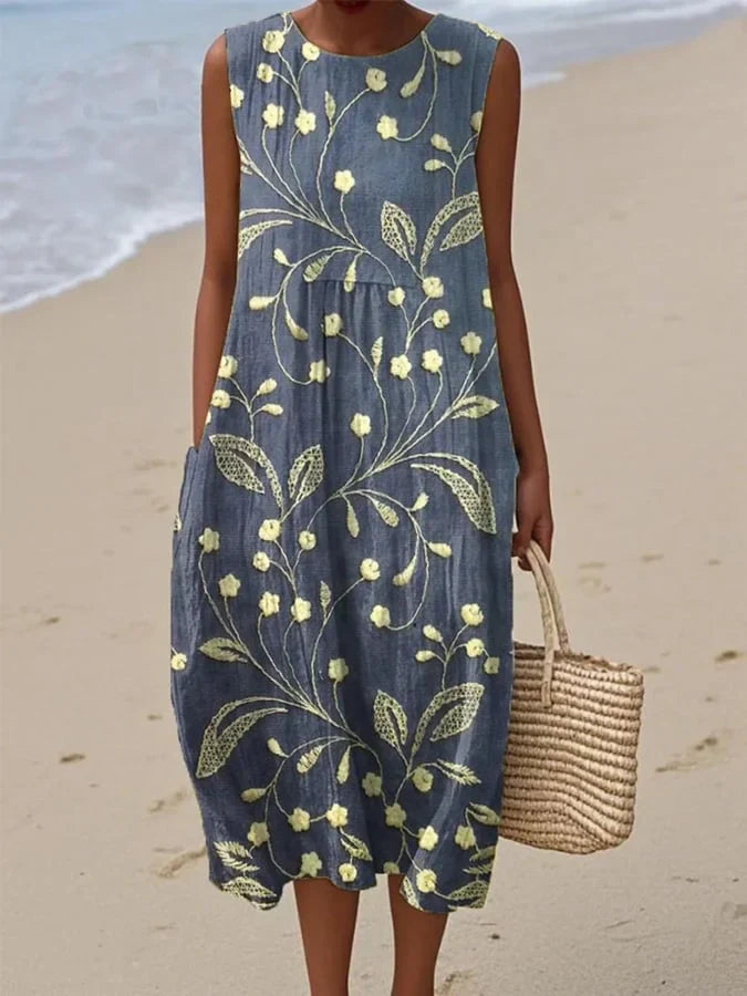 Women's sleeveless floral print dress, cotton and linen