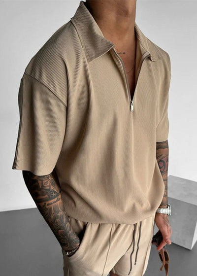 Oversize Textured Zipper Polo T-Shirt