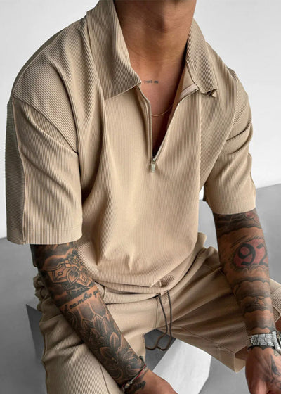 Oversize Textured Zipper Polo T-Shirt