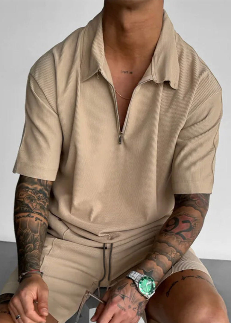 Oversize Textured Zipper Polo T-Shirt