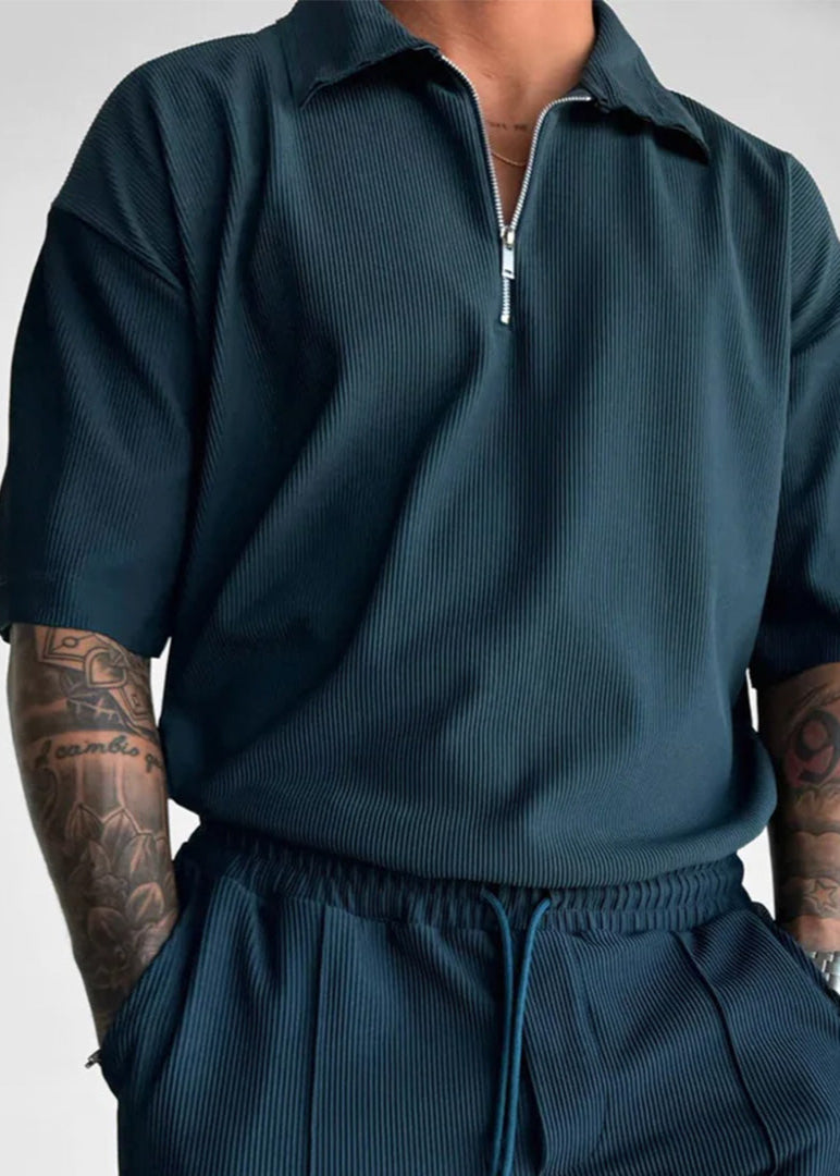 Oversize Textured Zipper Polo T-Shirt