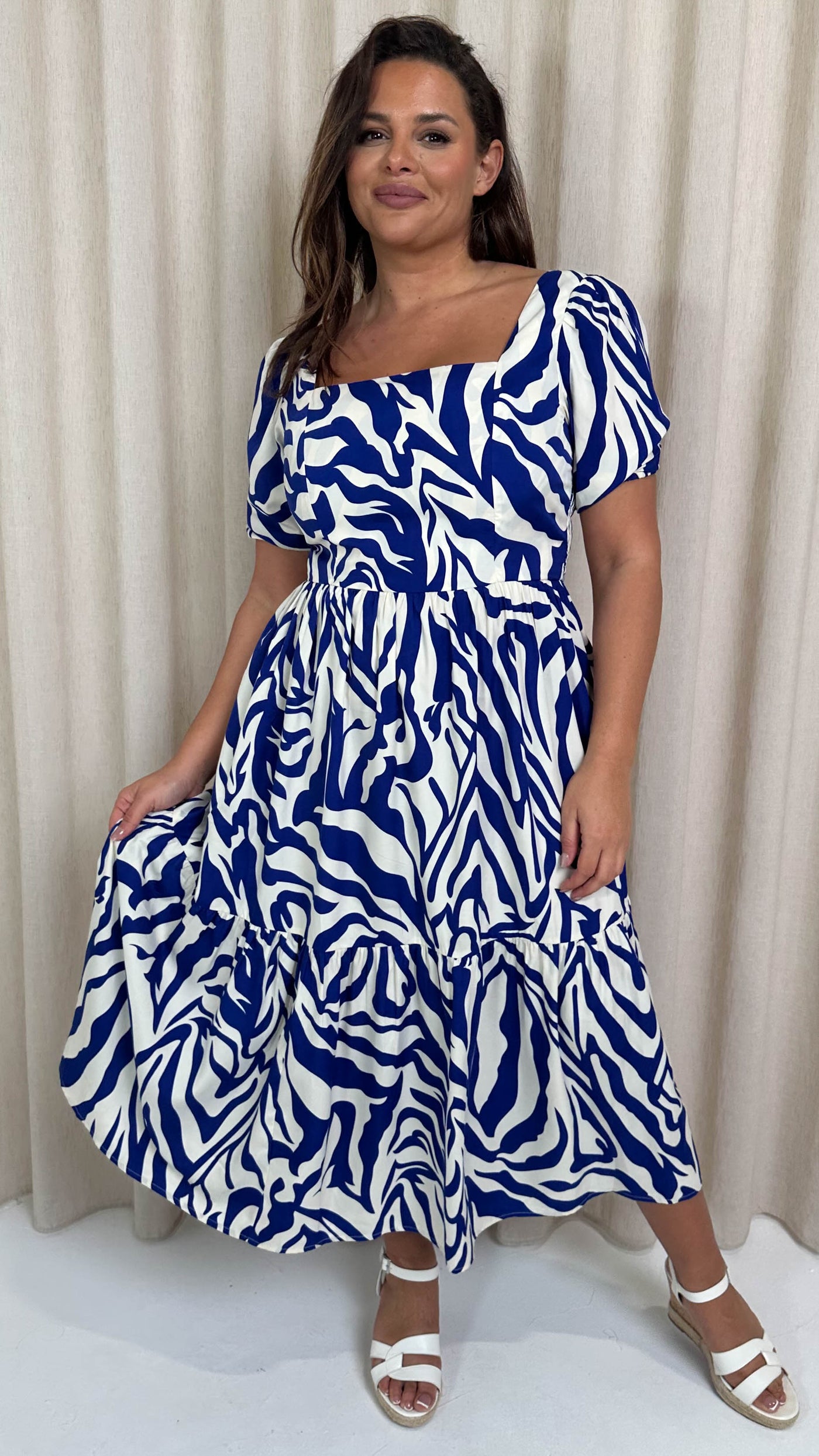 CurveWow Square Neck Puff Sleeve Dress Blue Zebra