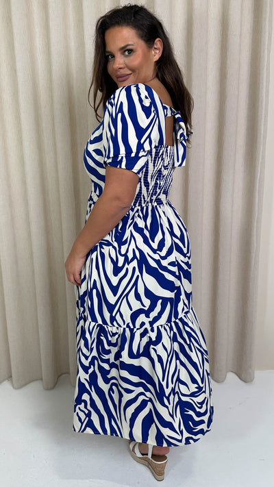 CurveWow Square Neck Puff Sleeve Dress Blue Zebra
