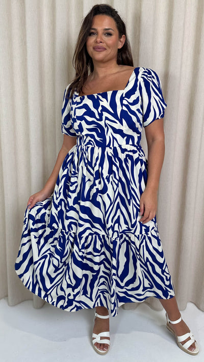 CurveWow Square Neck Puff Sleeve Dress Blue Zebra
