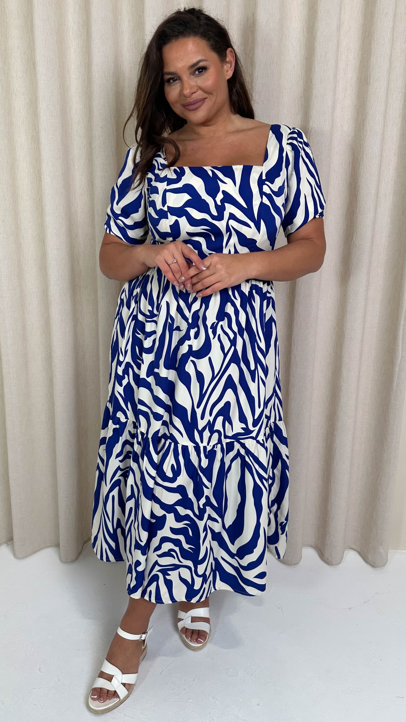 CurveWow Square Neck Puff Sleeve Dress Blue Zebra