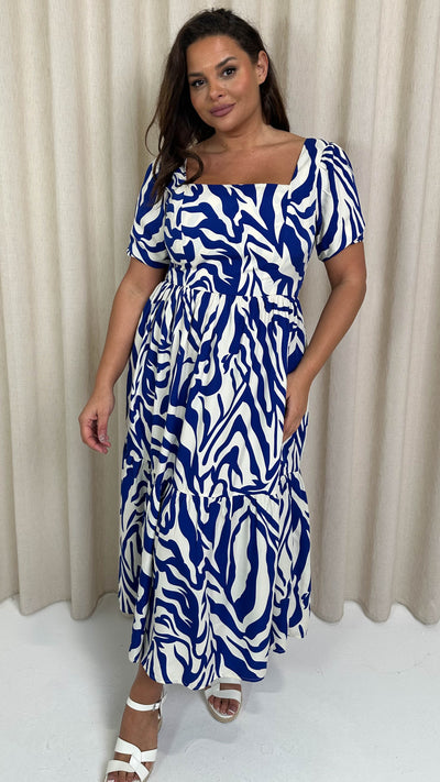 CurveWow Square Neck Puff Sleeve Dress Blue Zebra