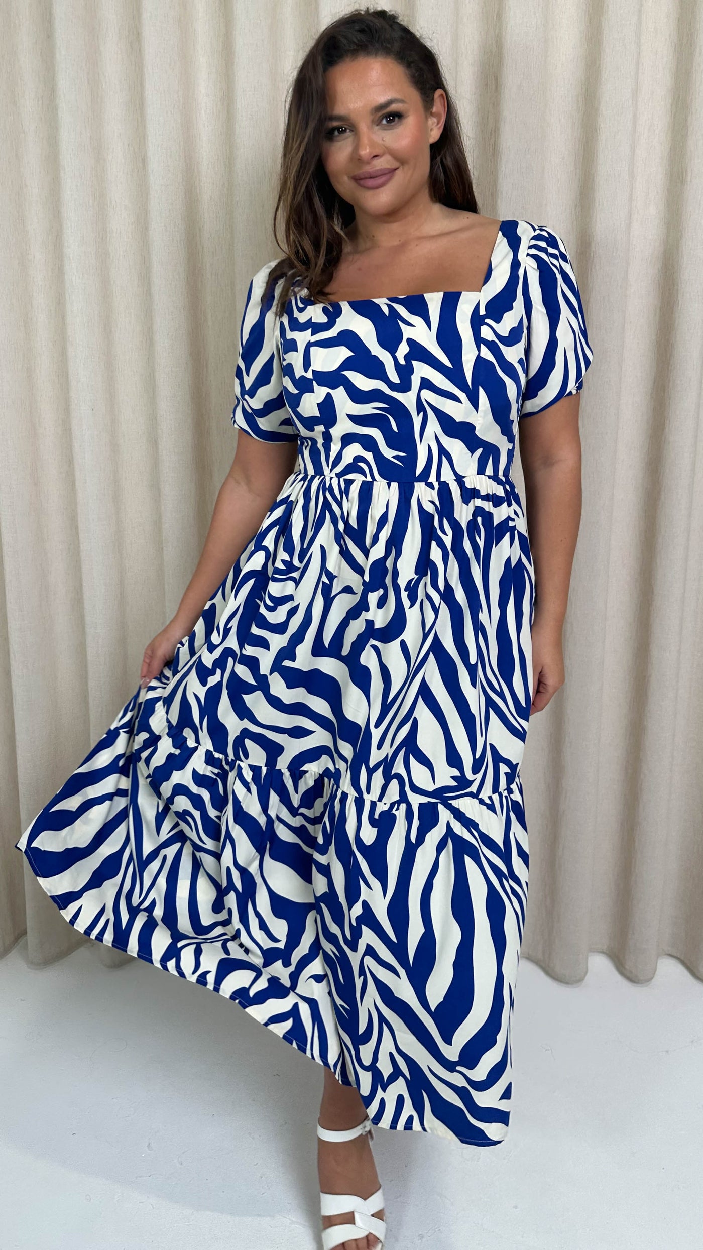 CurveWow Square Neck Puff Sleeve Dress Blue Zebra