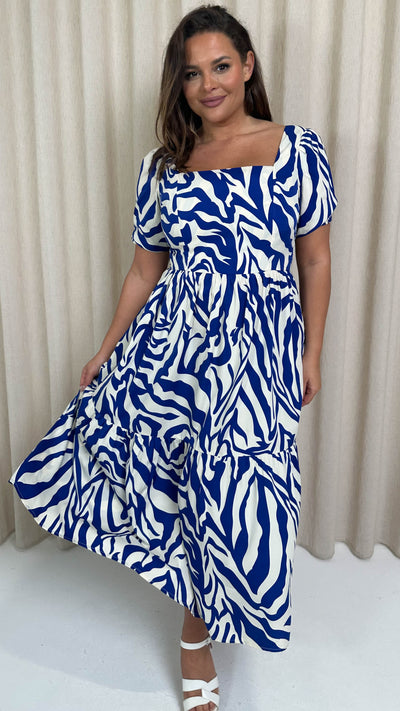 CurveWow Square Neck Puff Sleeve Dress Blue Zebra