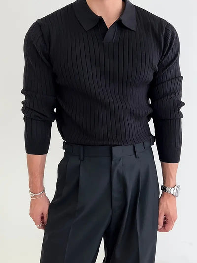 Fine Ribbed Knit Polo With Long Sleeves