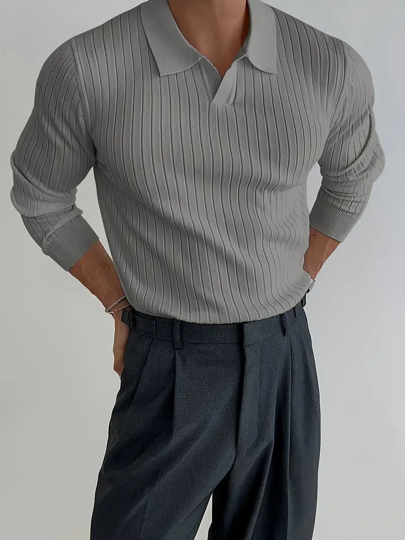 Fine Ribbed Knit Polo With Long Sleeves
