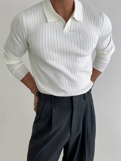 Fine Ribbed Knit Polo With Long Sleeves
