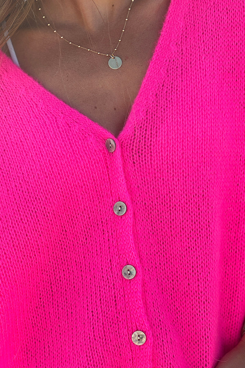 Fuchsia pink Mother of Pearl Button through V-Neck Cardigan