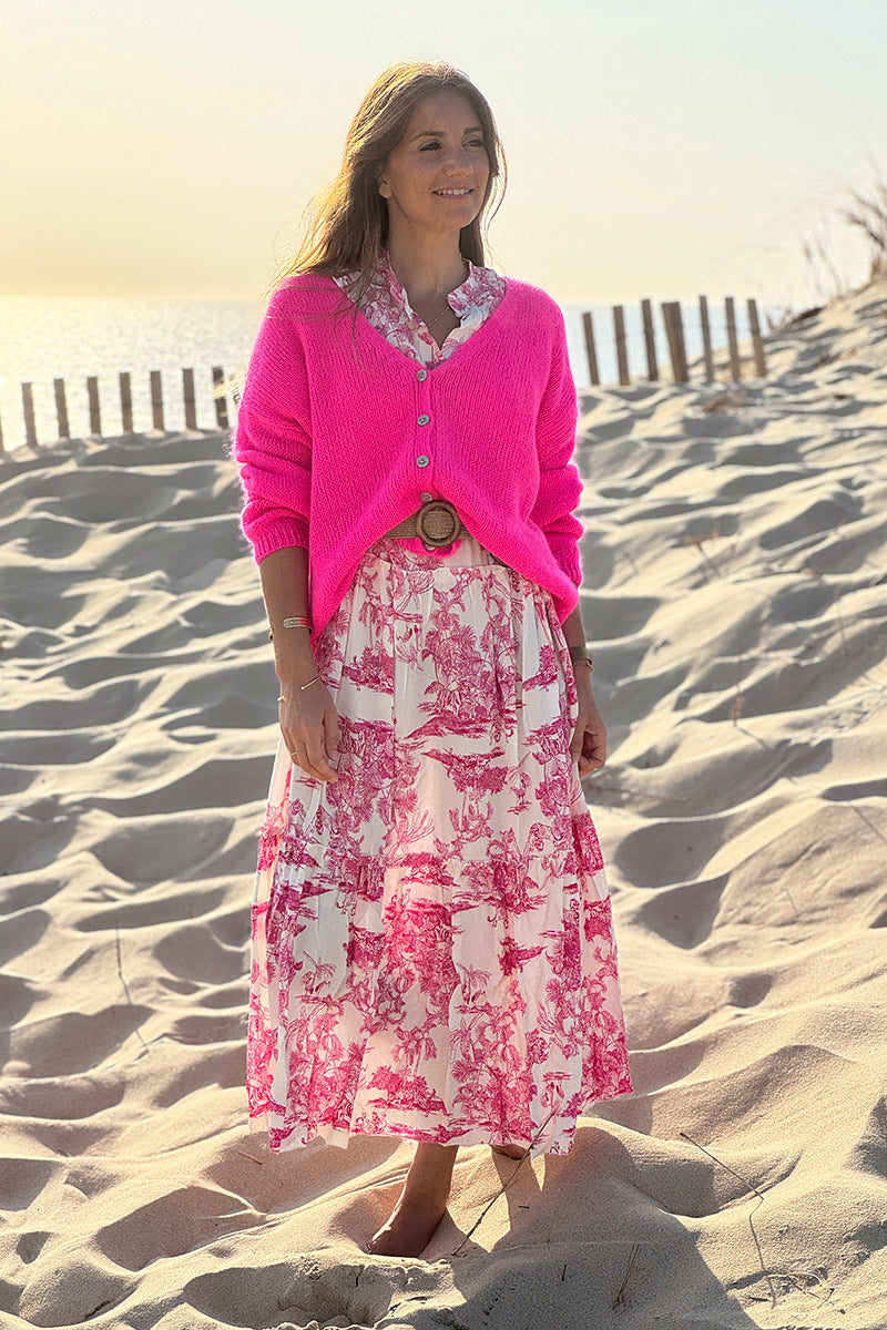 Fuchsia pink Mother of Pearl Button through V-Neck Cardigan