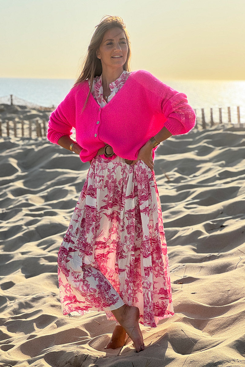 Fuchsia pink Mother of Pearl Button through V-Neck Cardigan