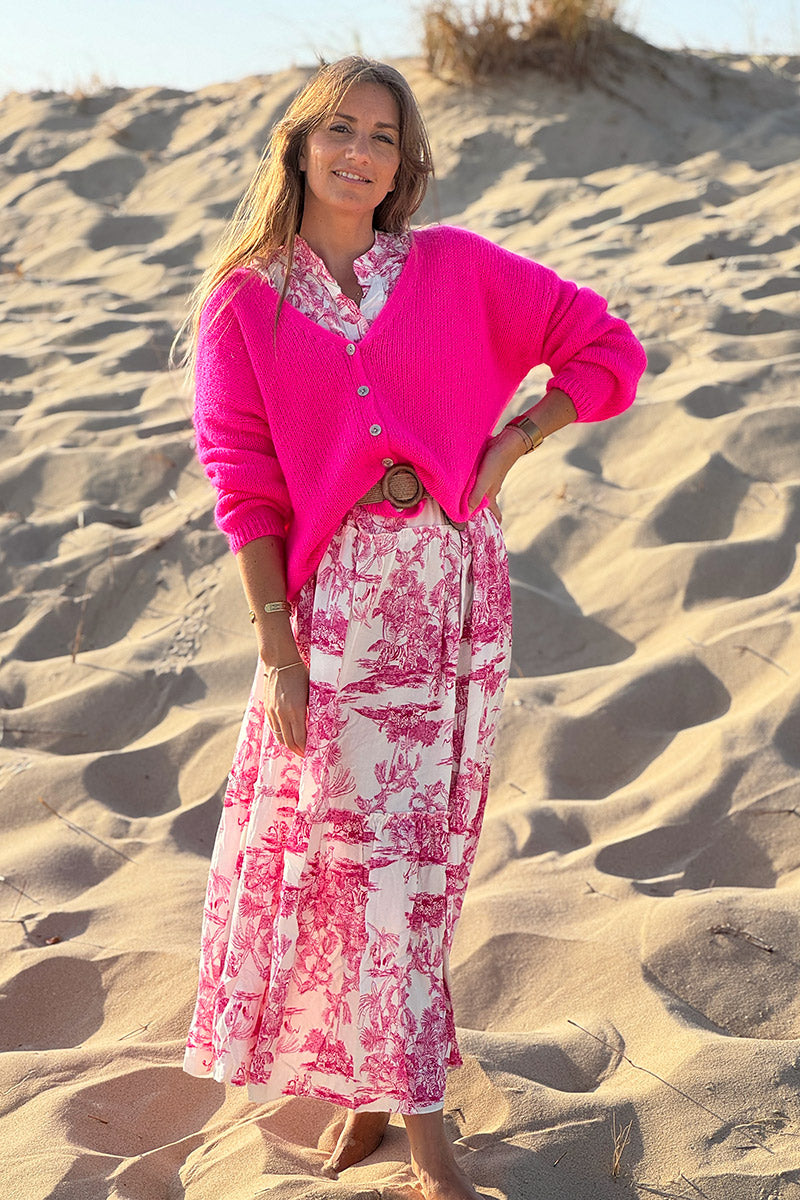 Fuchsia pink Mother of Pearl Button through V-Neck Cardigan