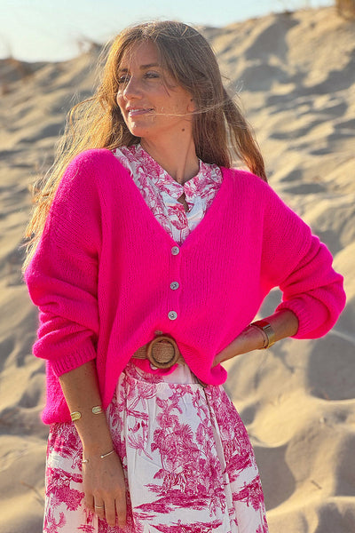 Fuchsia pink Mother of Pearl Button through V-Neck Cardigan
