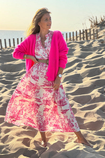 Fuchsia pink Mother of Pearl Button through V-Neck Cardigan