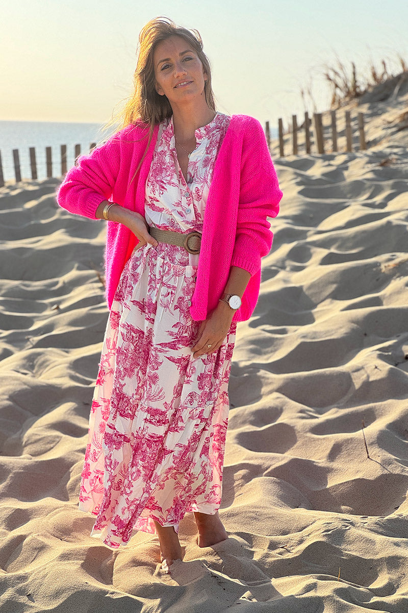 Fuchsia pink Mother of Pearl Button through V-Neck Cardigan