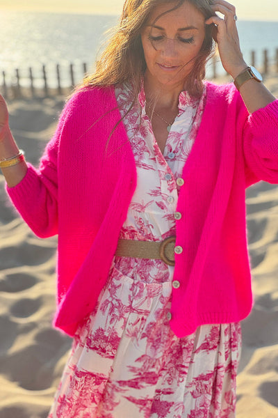 Fuchsia pink Mother of Pearl Button through V-Neck Cardigan