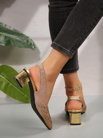 Rhinestone High Heel Chunky Heel Sandals